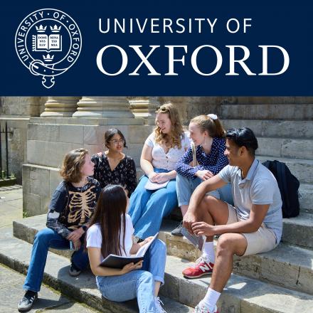 University of Oxford in white on blue banner, with students sat on steps in warm daylight